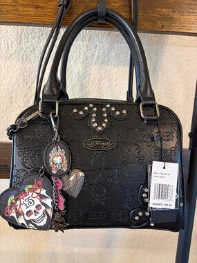Ed Hardy Skull Embossed Satchel Bag Black Studded Y2K Tattoo Purse